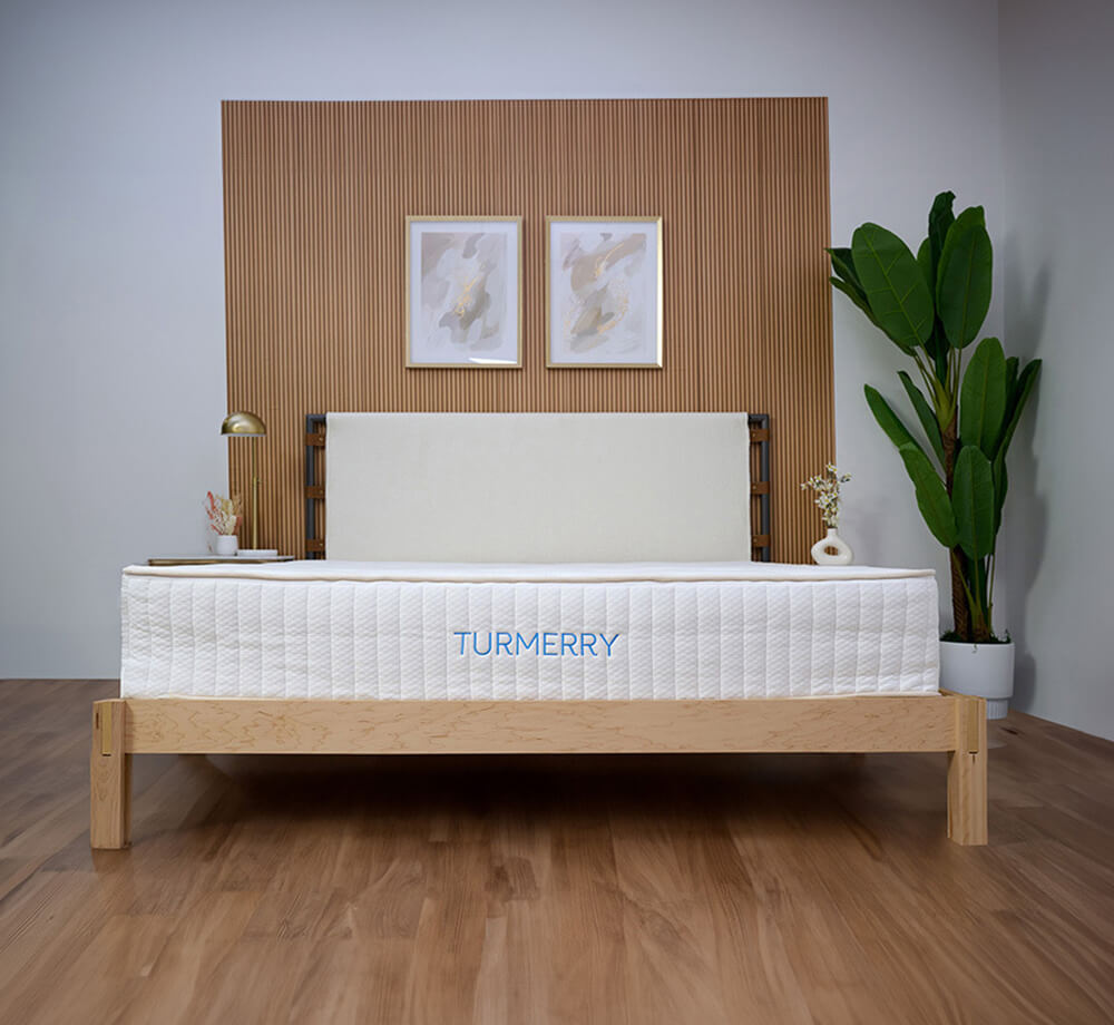 Organic mattress on solid surface natural wood bed frame - pair with mattress purchase to suit sleeping preferences
